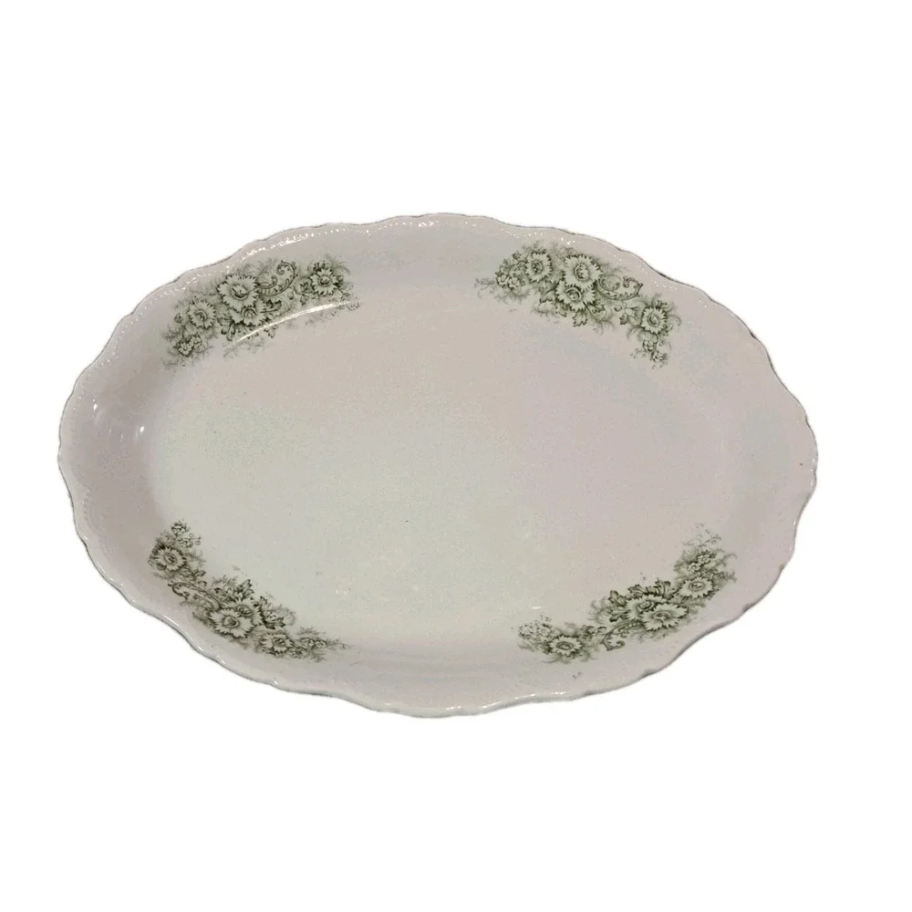 VTG Knowles Taylor Semi Vitreous Porcelain‎ Green Floral Platter 15